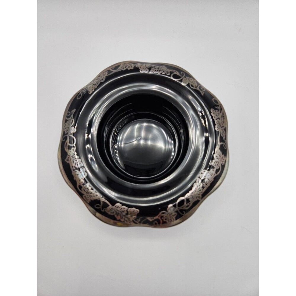 Vintage Black Glass Footed Bowl Trinket Dish With Sterling Silver Grape Leaves